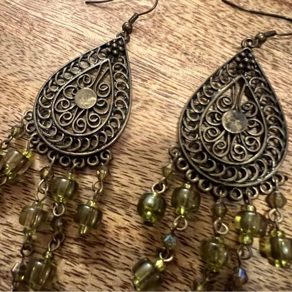 Boho Drop Earrings with Green Beads - Picture 5 of 6